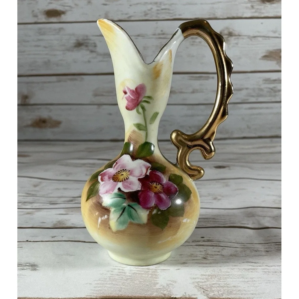 Vintage Enesco Hand Painted Porcelain Vase Gold Trim & Floral Design Collectible